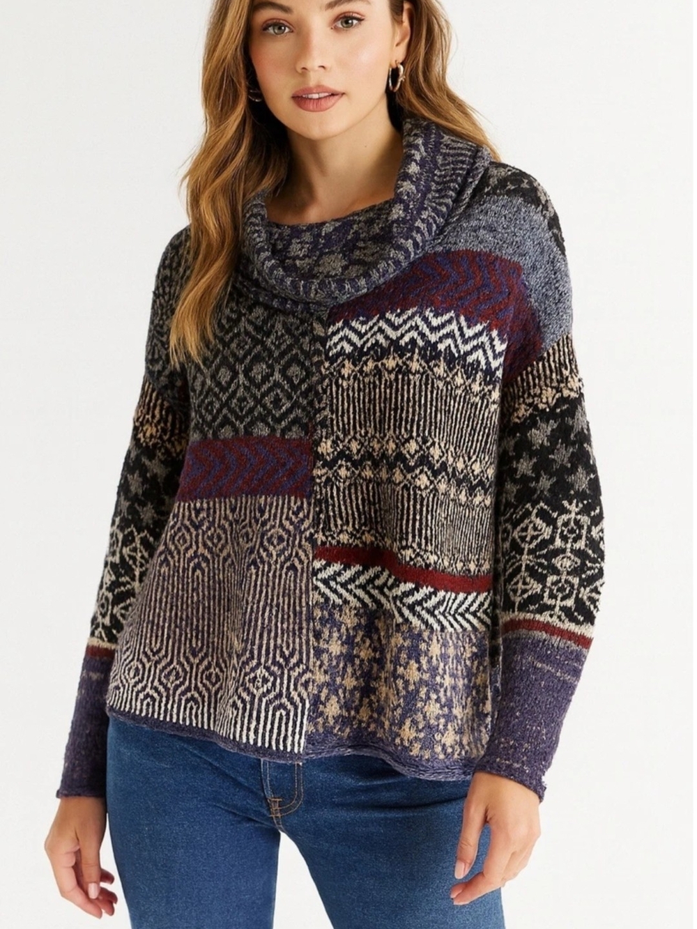 Free People Patchwork Cowl Neck Sweater in Black, Gray, Cream & Burgundy